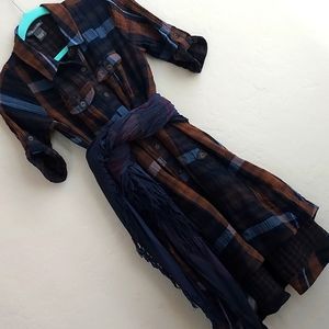 Chelsea and Theodore Plaid High-Low Button-up Brown Blue Cotton Swing Dress
